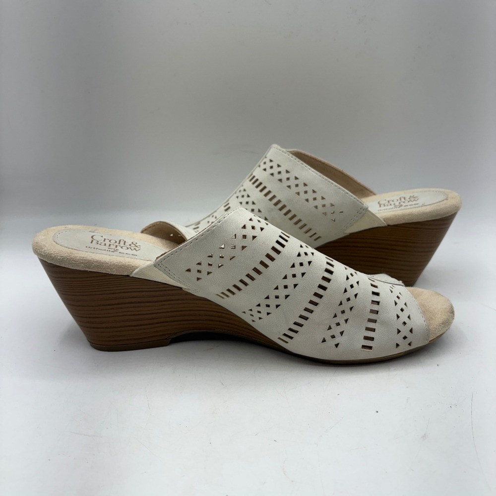 Croft & Barrow Womens Laser Cut Wedge Sandals Cream Ortholite Slide Mules 7.5 - Picture 6 of 8